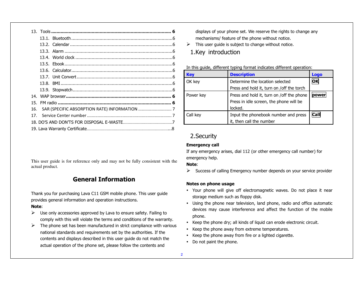 General information, Key introduction, Security | Lava Mobiles Iris 349 User Manual | Page 2 / 8