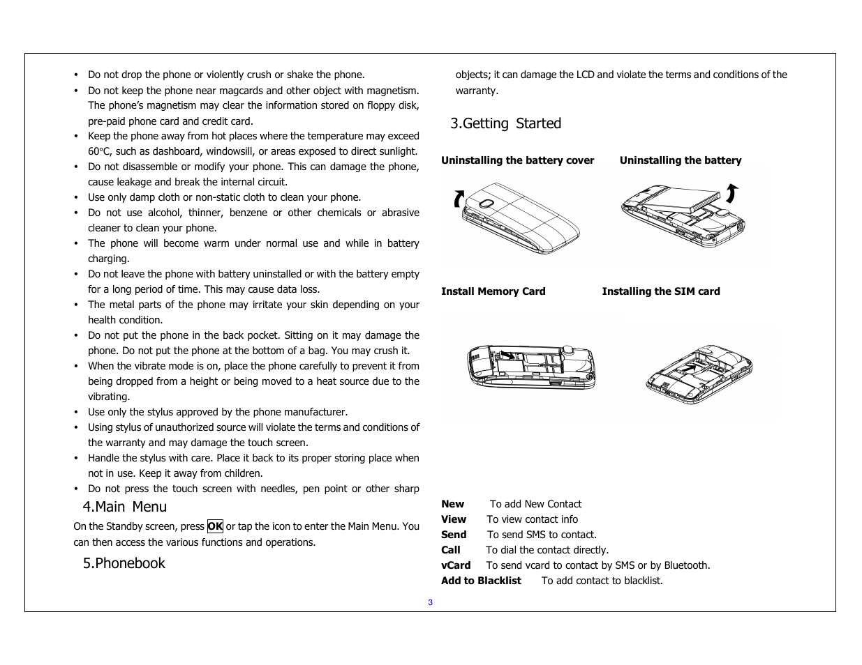 Getting started, Main menu, Phonebook | Lava Mobiles Iris 349 User Manual | Page 3 / 8