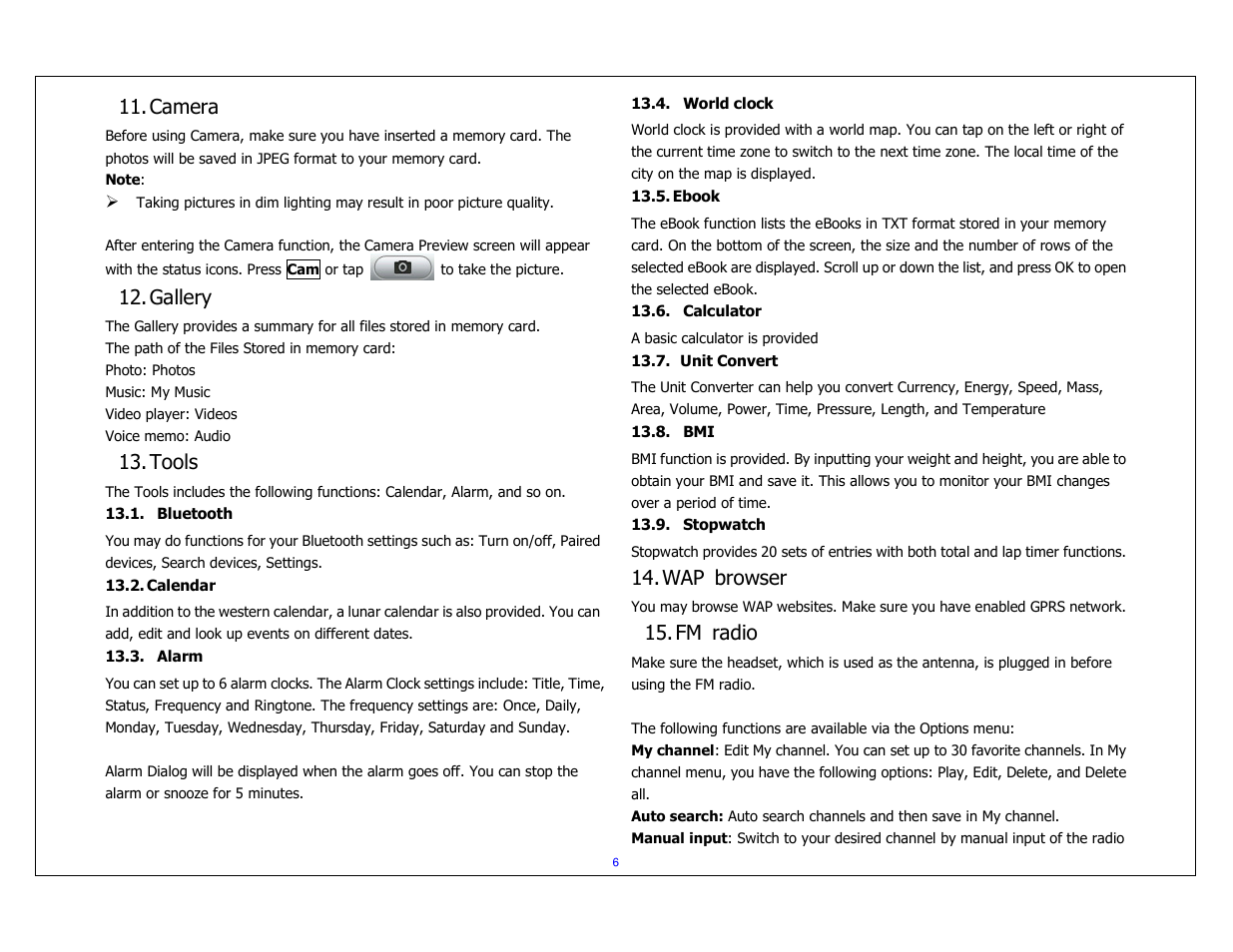 Camera, Gallery, Tools | Wap browser, Fm radio | Lava Mobiles Iris 349 User Manual | Page 6 / 8