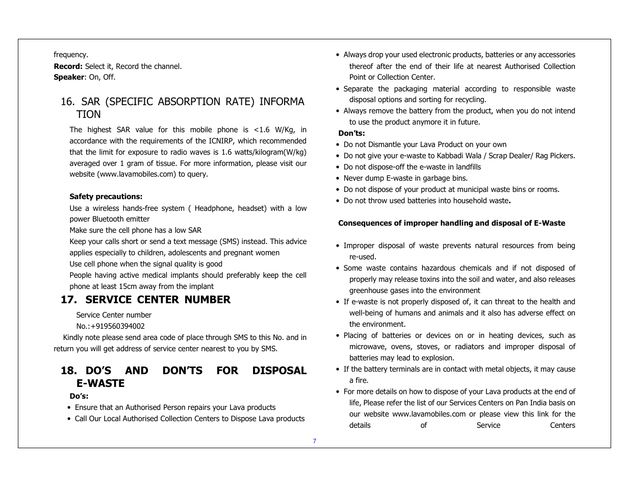 Sar (specific absorption rate) informa tion, Service center number, Do’s and don’ts for disposal e-waste | Lava Mobiles Iris 349 User Manual | Page 7 / 8