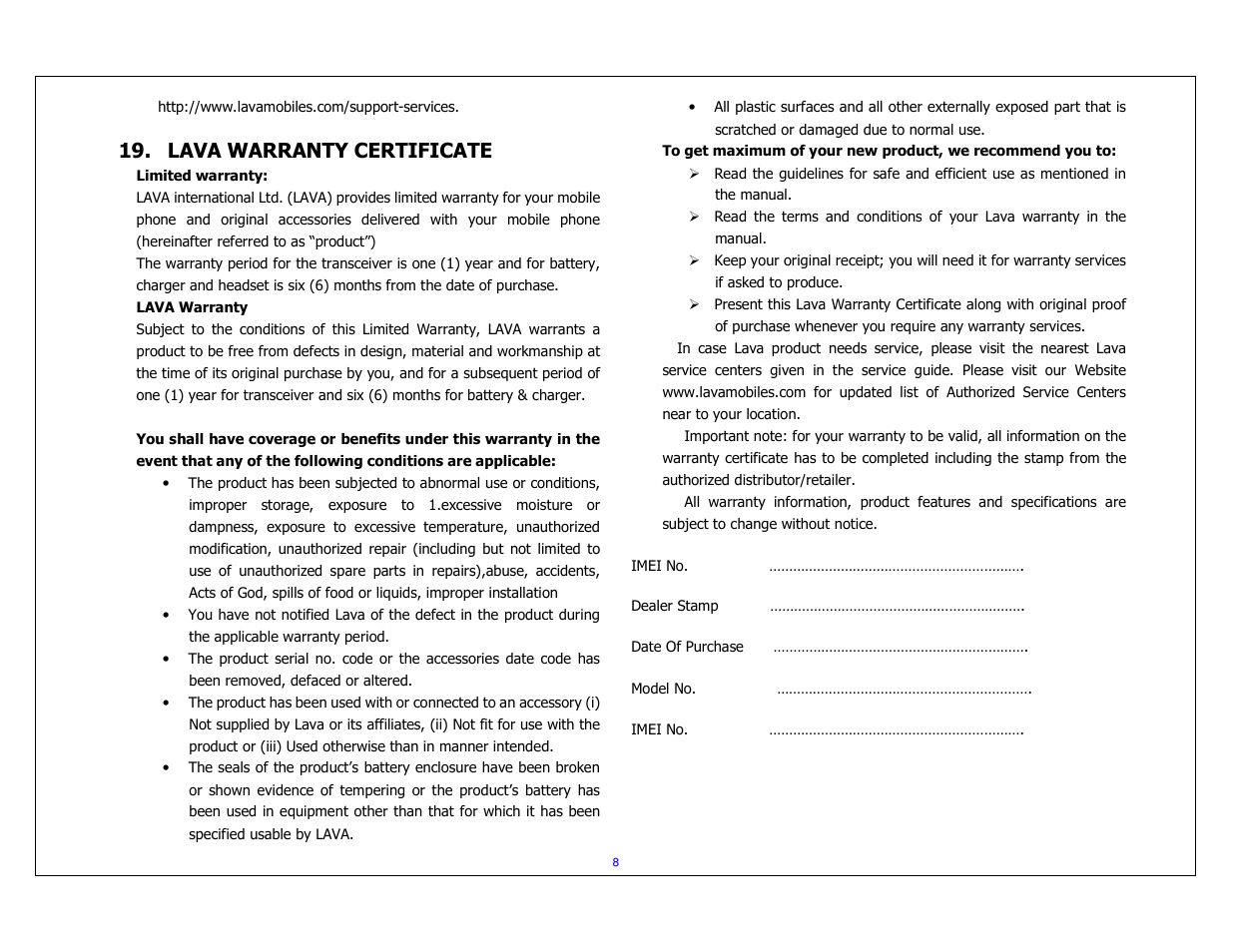 Lava warranty certificate | Lava Mobiles Iris 349 User Manual | Page 8 / 8