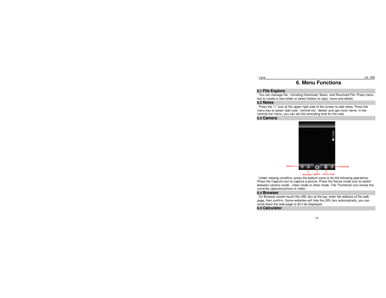 Menu functions | Lava Mobiles Iris 355 User Manual | Page 17 / 38