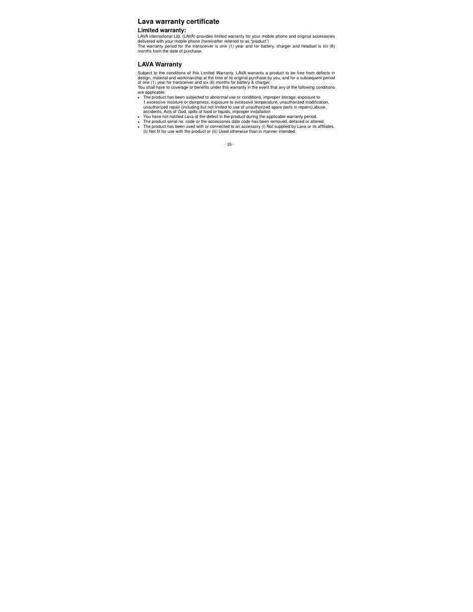 Lava warranty certificate, Lava warranty | Lava Mobiles KKT 10 User Manual | Page 35 / 36