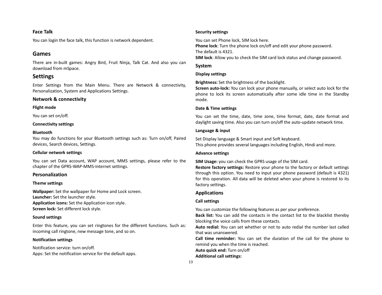 Games, Settings | Lava Mobiles Discover 128 User Manual | Page 13 / 15