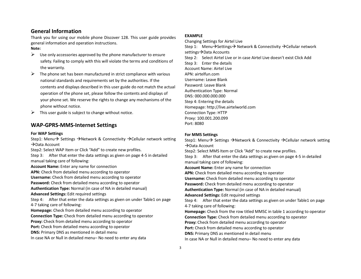 General information, Wap-gprs-mms-internet settings | Lava Mobiles Discover 128 User Manual | Page 3 / 15
