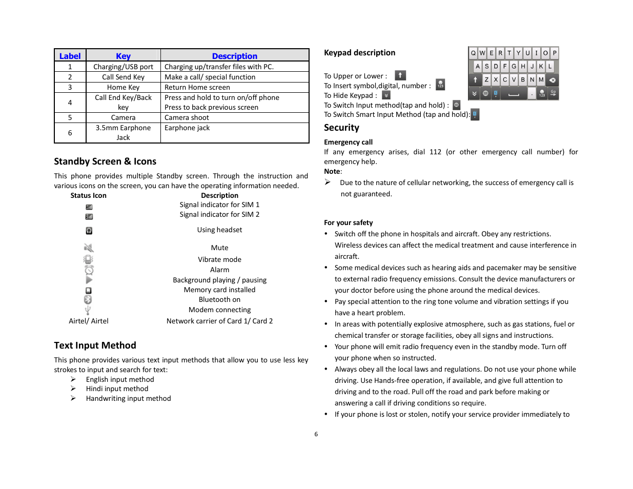 Standby screen & icons, Text input method, Security | Lava Mobiles Discover 128 User Manual | Page 6 / 15