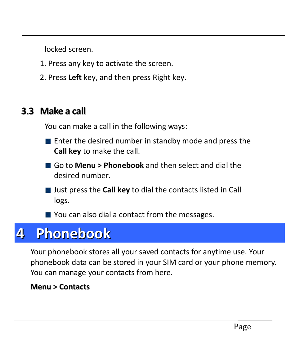 3 make a call, 4 phonebook, Make a call | Phonebook | Lava Mobiles Spark 285 User Manual | Page 11 / 29