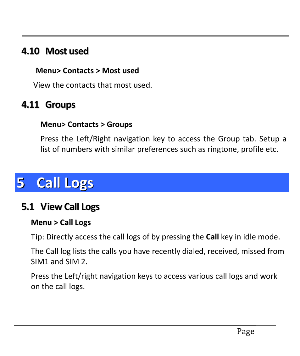 10 most used, 11 groups, 5 call logs | 1 view call logs, Most used, Groups, Call logs, View call logs | Lava Mobiles Spark 285 User Manual | Page 14 / 29
