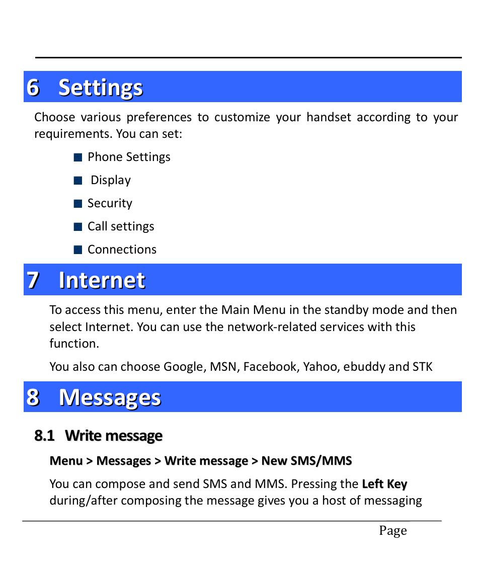 6 settings, 7 internet, 8 messages | 1 write message, Settings, Internet, Messages, Write message | Lava Mobiles Spark 285 User Manual | Page 15 / 29