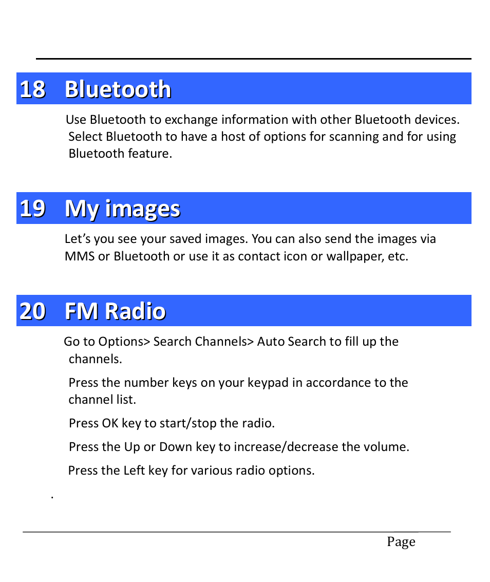 18 bluetooth, 19 my images, 20 fm radio | Bluetooth, My images, Fm radio | Lava Mobiles Spark 285 User Manual | Page 20 / 29