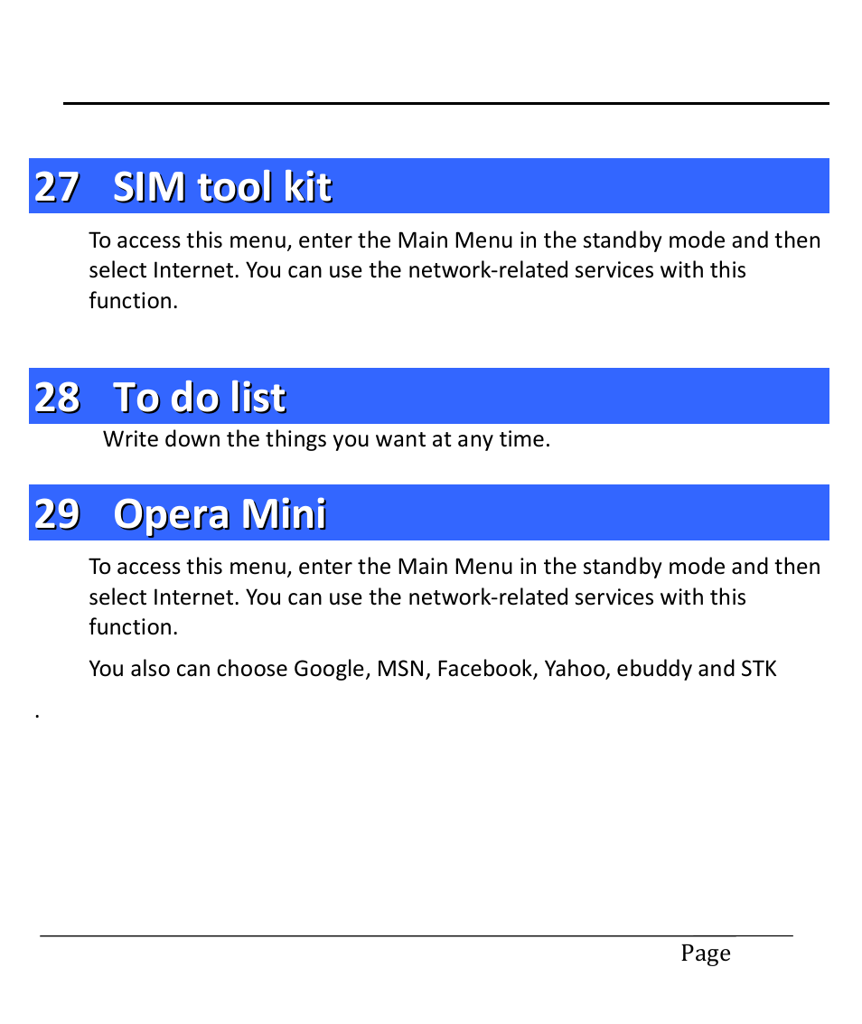 27 sim tool kit, 28 to do list, 29 opera mini | Sim tool kit, To do list, Opera mini | Lava Mobiles Spark 285 User Manual | Page 22 / 29
