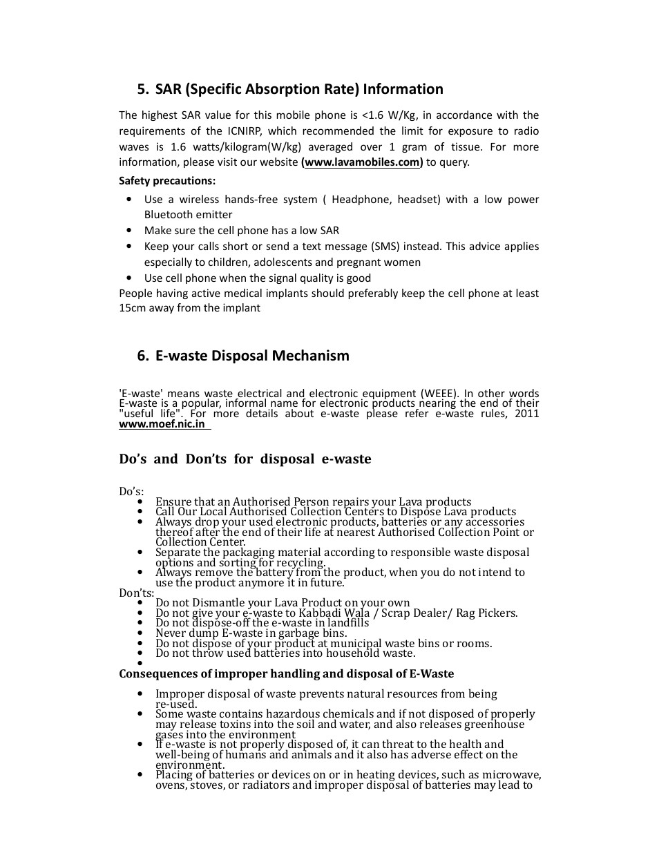 Sar (specific absorption rate) information, E-waste disposal mechanism | Lava Mobiles KKT 14 User Manual | Page 11 / 13