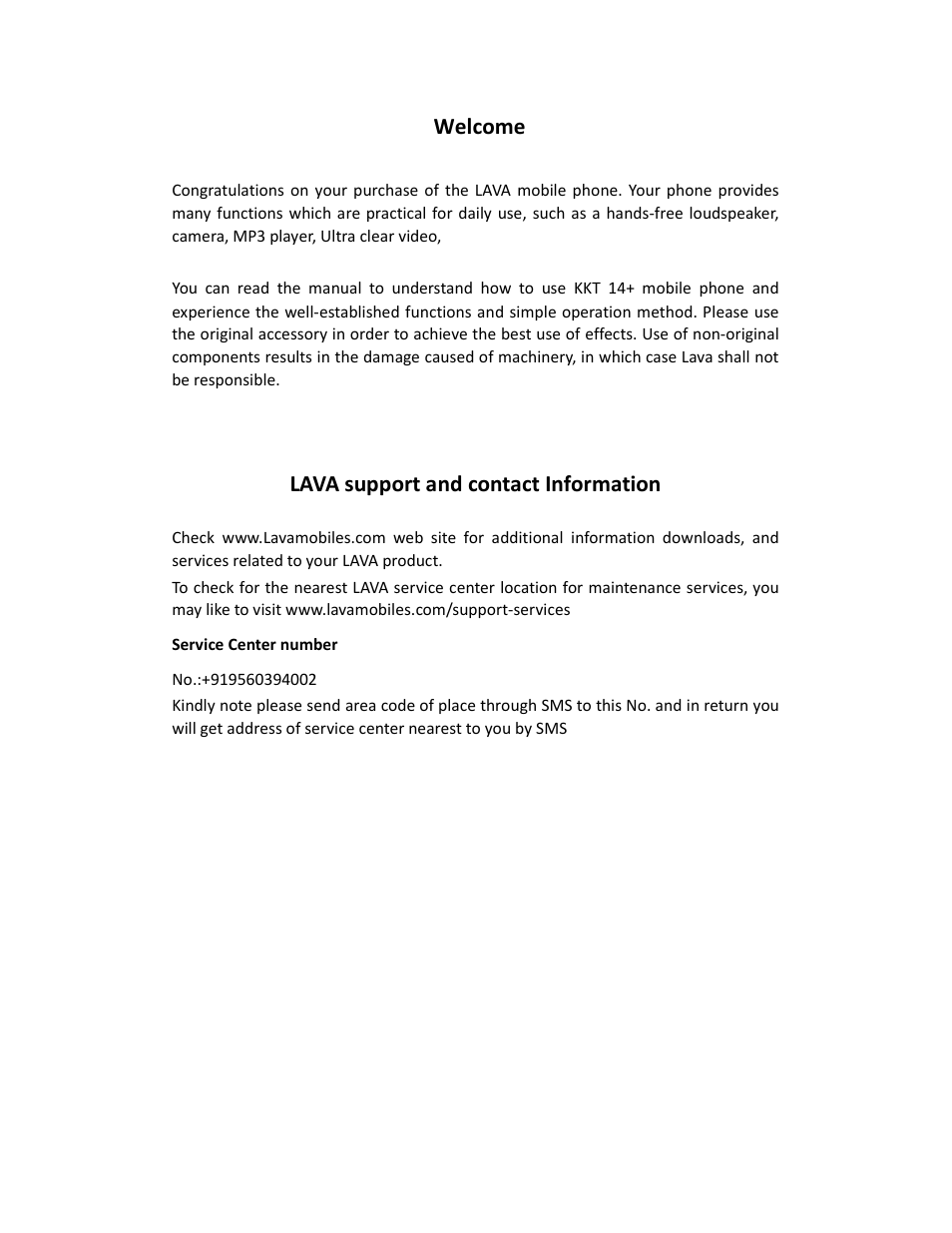 Welcome, Lava support and contact information | Lava Mobiles KKT 14 User Manual | Page 4 / 13