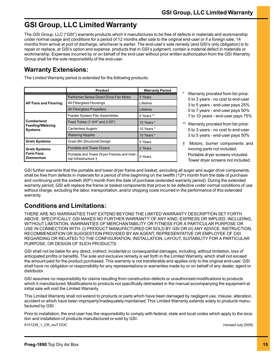 Gsi group, llc limited warranty, Warranty extensions, Conditions and limitations | Grain Systems PNEG-1890 User Manual | Page 15 / 16