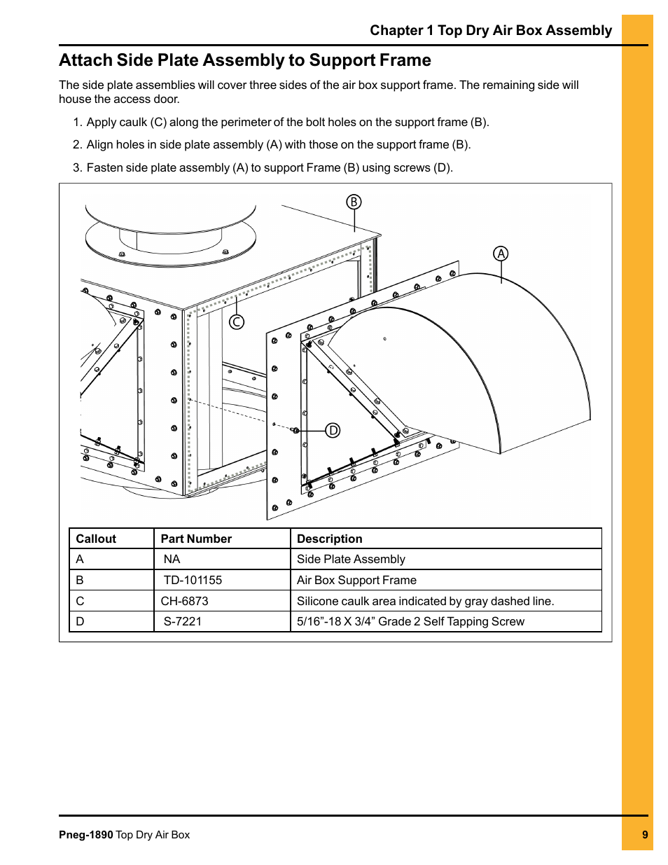 Attach side plate assembly to support frame | Grain Systems PNEG-1890 User Manual | Page 9 / 16