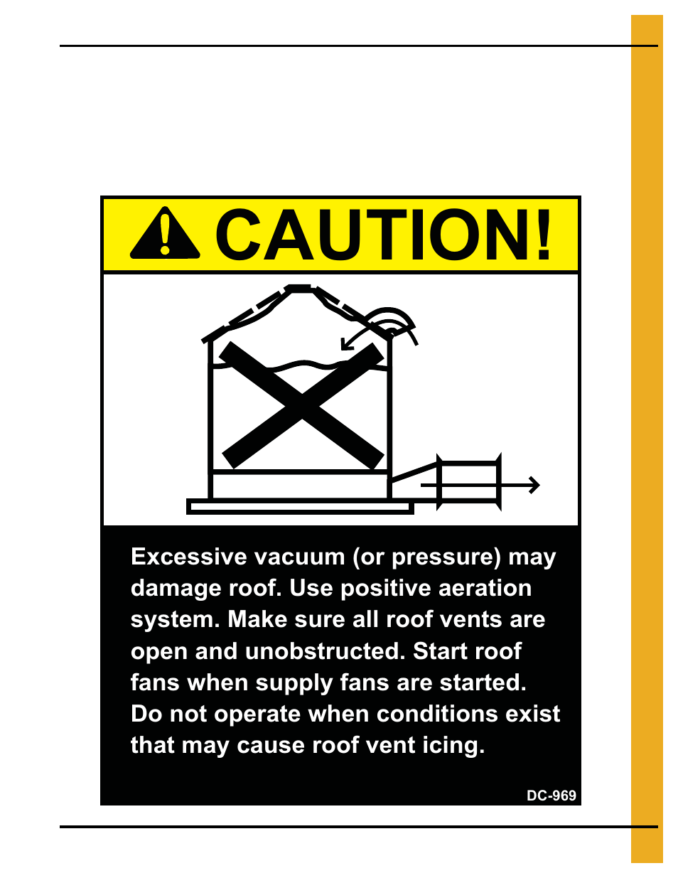 Safety decals, Chapter 3 safety decals, Roof damage warning and disclaimer | Caution | Grain Systems Bin Accessories PNEG-1859 User Manual | Page 13 / 90
