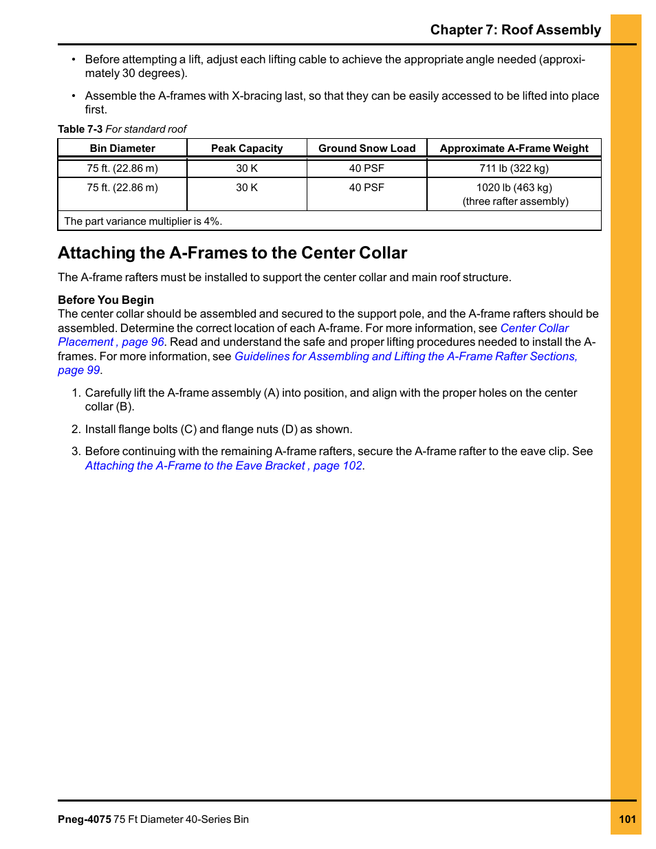 Attaching the a-frames to the center collar, Chapter 7: roof assembly | Grain Systems Tanks PNEG-4075 User Manual | Page 101 / 168