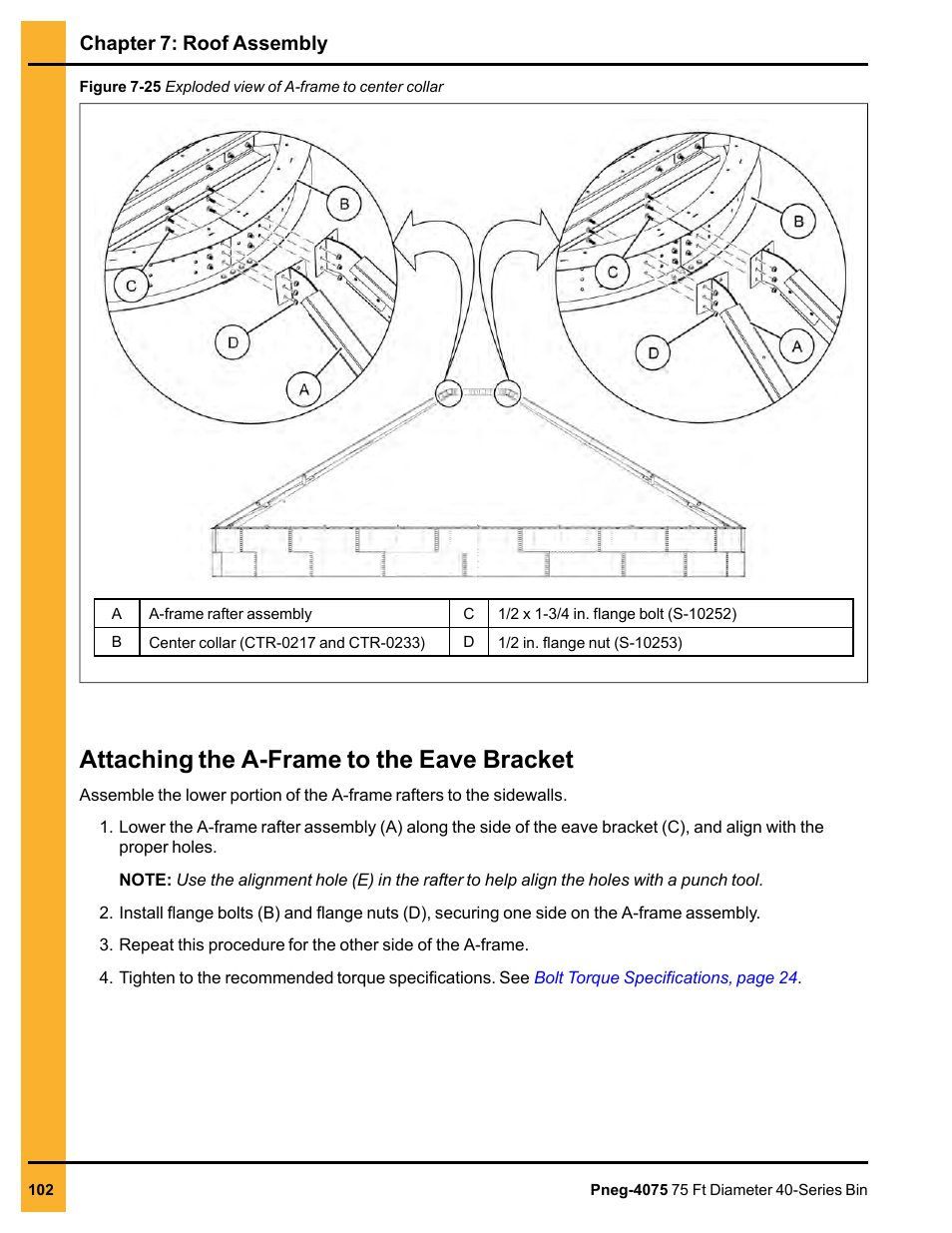 Attaching the a-frame to the eave bracket, Chapter 7: roof assembly | Grain Systems Tanks PNEG-4075 User Manual | Page 102 / 168