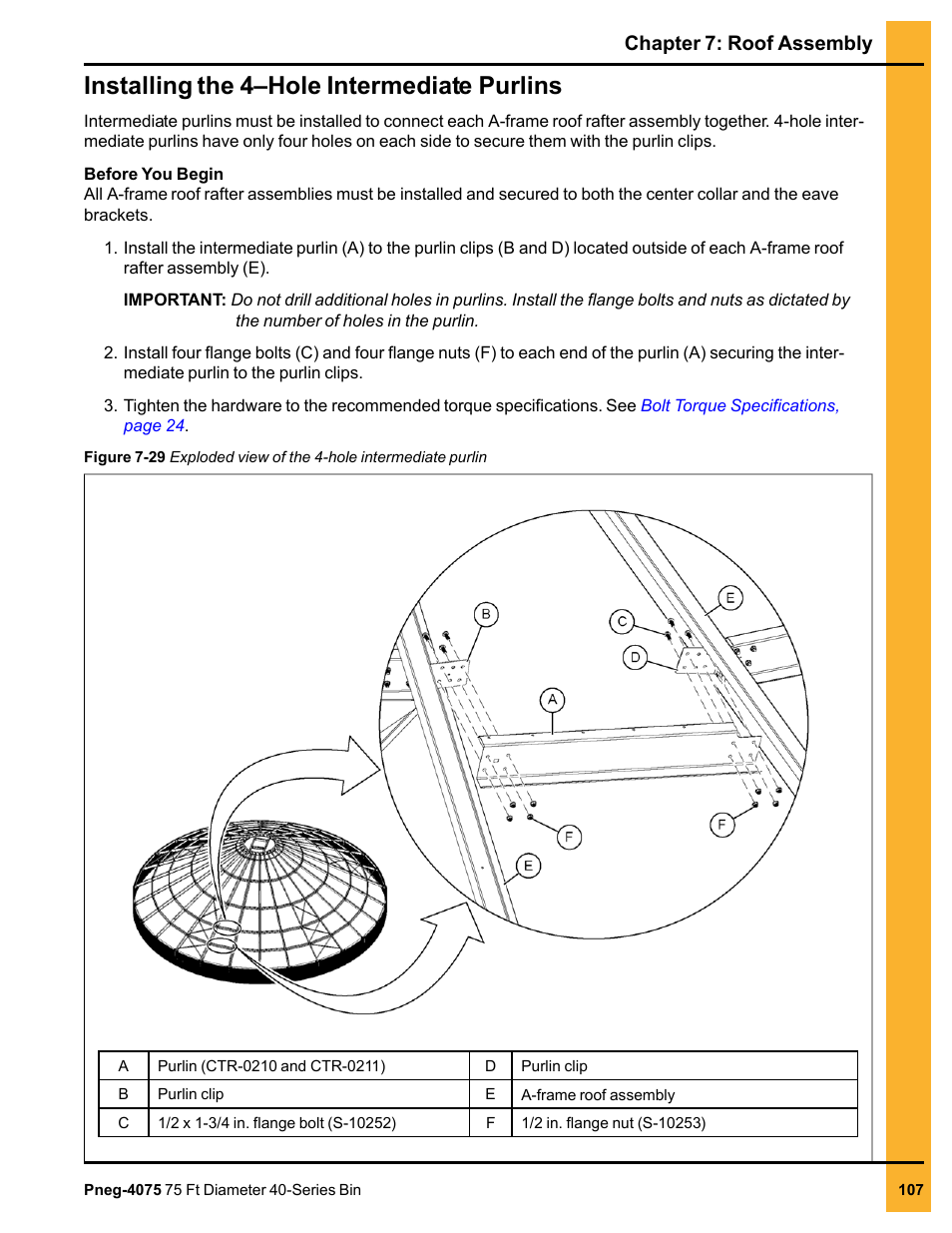 Installing the 4–hole intermediate purlins, Chapter 7: roof assembly | Grain Systems Tanks PNEG-4075 User Manual | Page 107 / 168