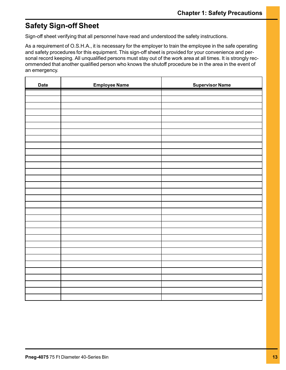 Safety sign-off sheet | Grain Systems Tanks PNEG-4075 User Manual | Page 13 / 168