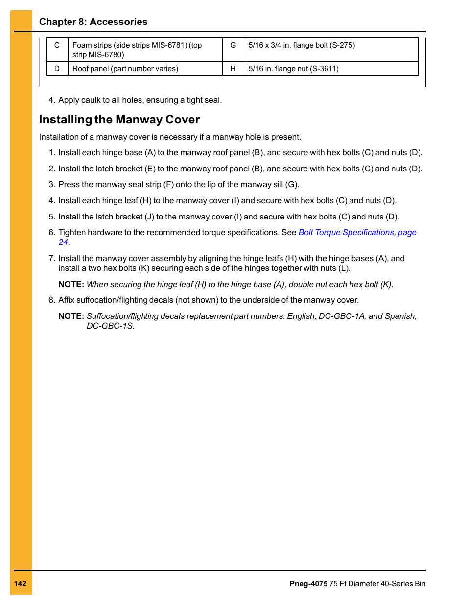 Installing the manway cover | Grain Systems Tanks PNEG-4075 User Manual | Page 142 / 168