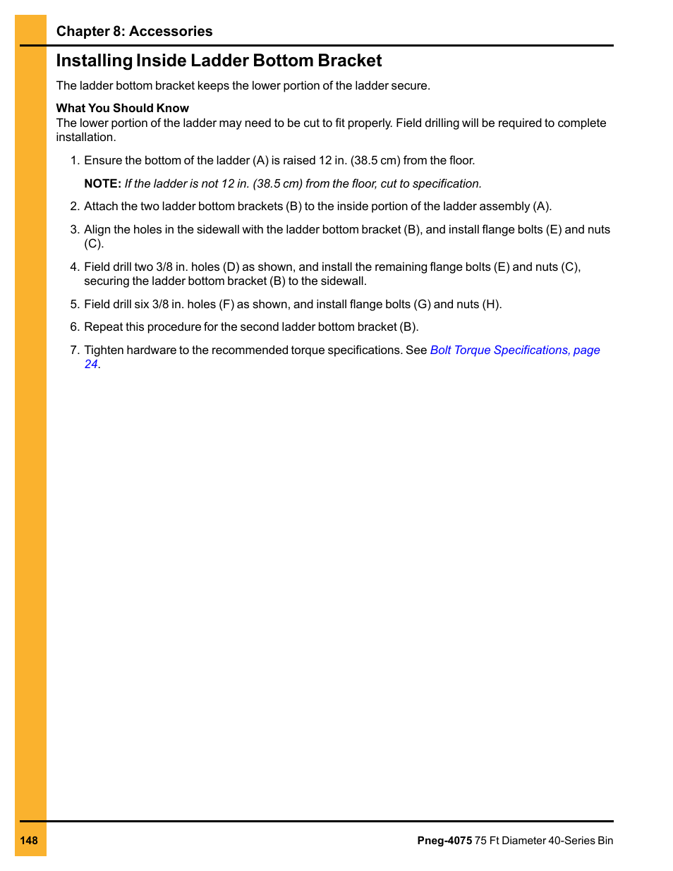 Installing inside ladder bottom bracket | Grain Systems Tanks PNEG-4075 User Manual | Page 148 / 168