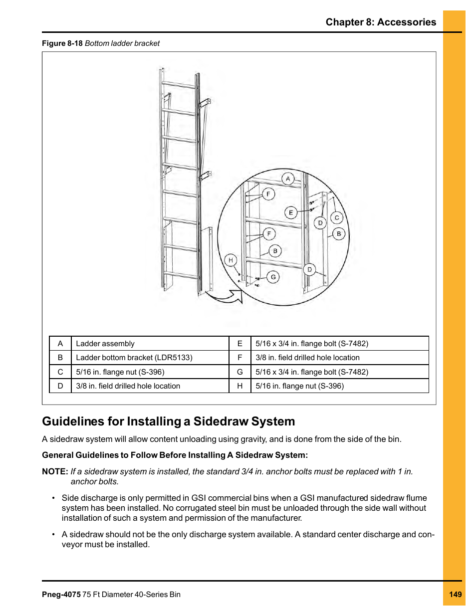 Guidelines for installing a sidedraw system, Chapter 8: accessories | Grain Systems Tanks PNEG-4075 User Manual | Page 149 / 168