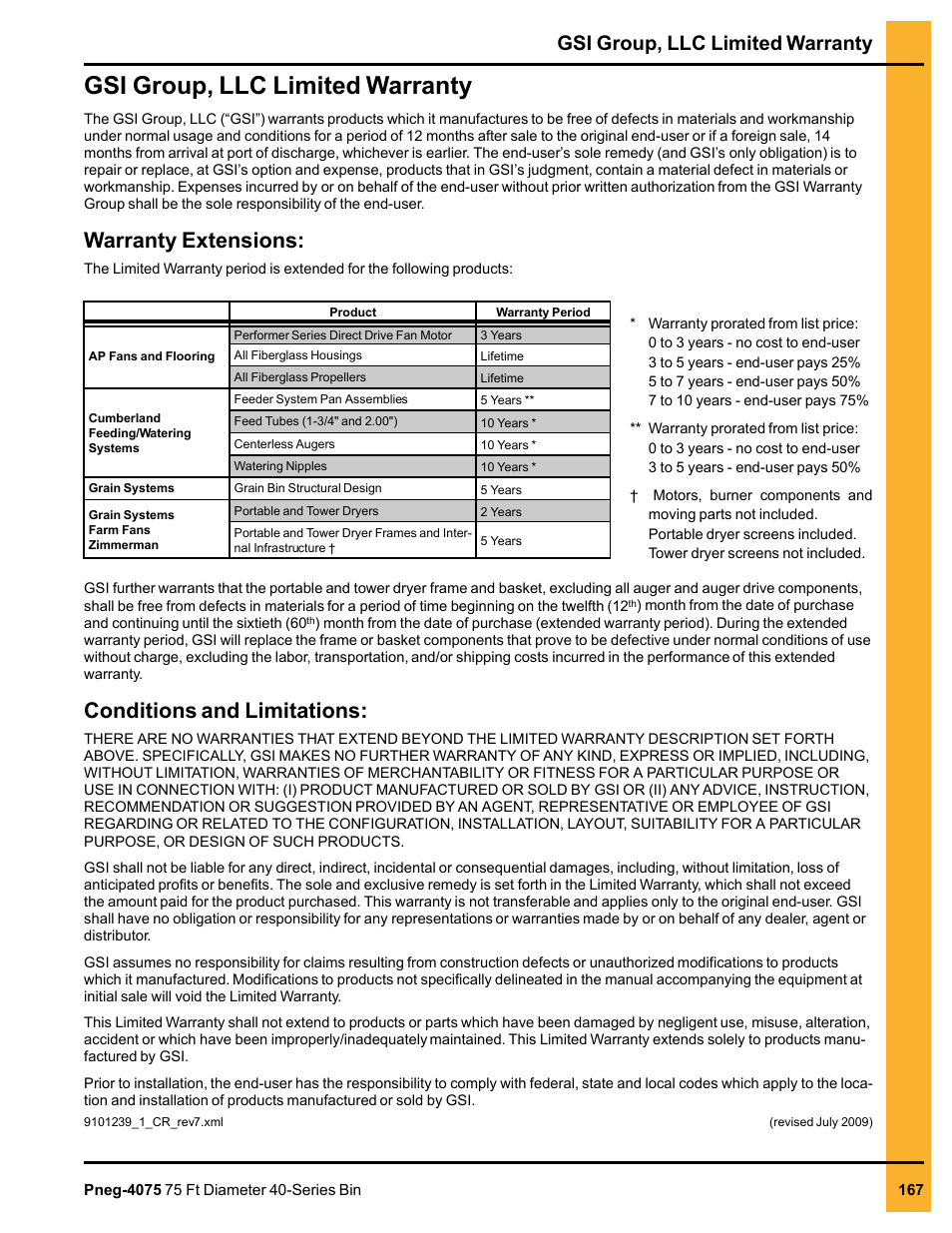 Gsi group, llc limited warranty, Warranty extensions, Conditions and limitations | Grain Systems Tanks PNEG-4075 User Manual | Page 167 / 168