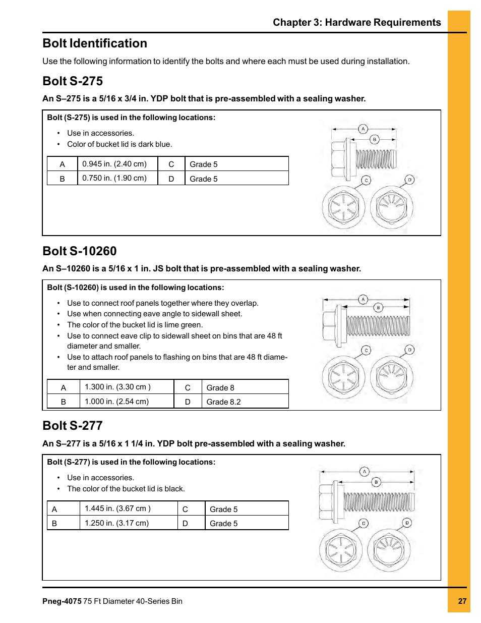 Bolt identification, Bolt s-275, Bolt s-10260 | Bolt s-277, Chapter 3: hardware requirements | Grain Systems Tanks PNEG-4075 User Manual | Page 27 / 168