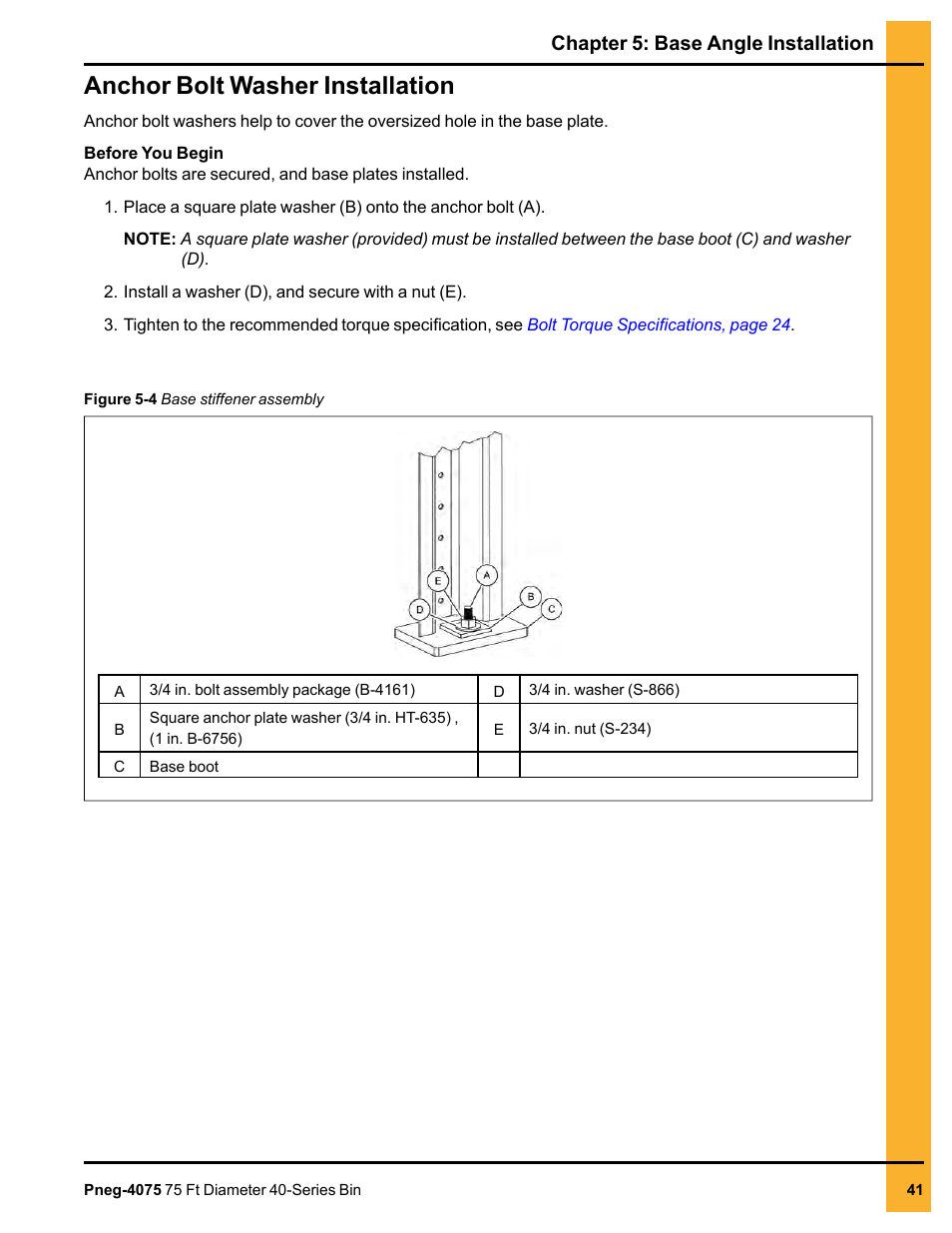 Anchor bolt washer installation, Chapter 5: base angle installation | Grain Systems Tanks PNEG-4075 User Manual | Page 41 / 168