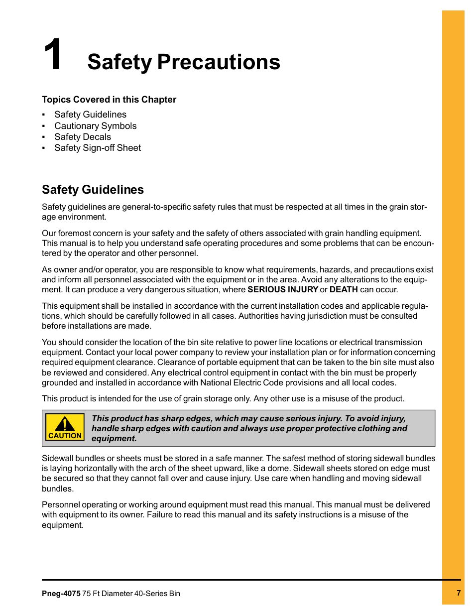 Chapter 1 safety precautions, Safety guidelines, Chapter 1 | Safety precautions safety guidelines, Safety precautions | Grain Systems Tanks PNEG-4075 User Manual | Page 7 / 168