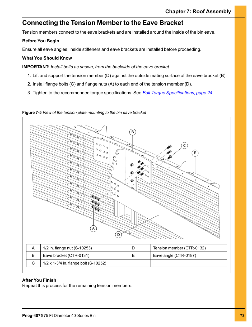 Connecting the tension member to the eave bracket, Chapter 7: roof assembly | Grain Systems Tanks PNEG-4075 User Manual | Page 73 / 168