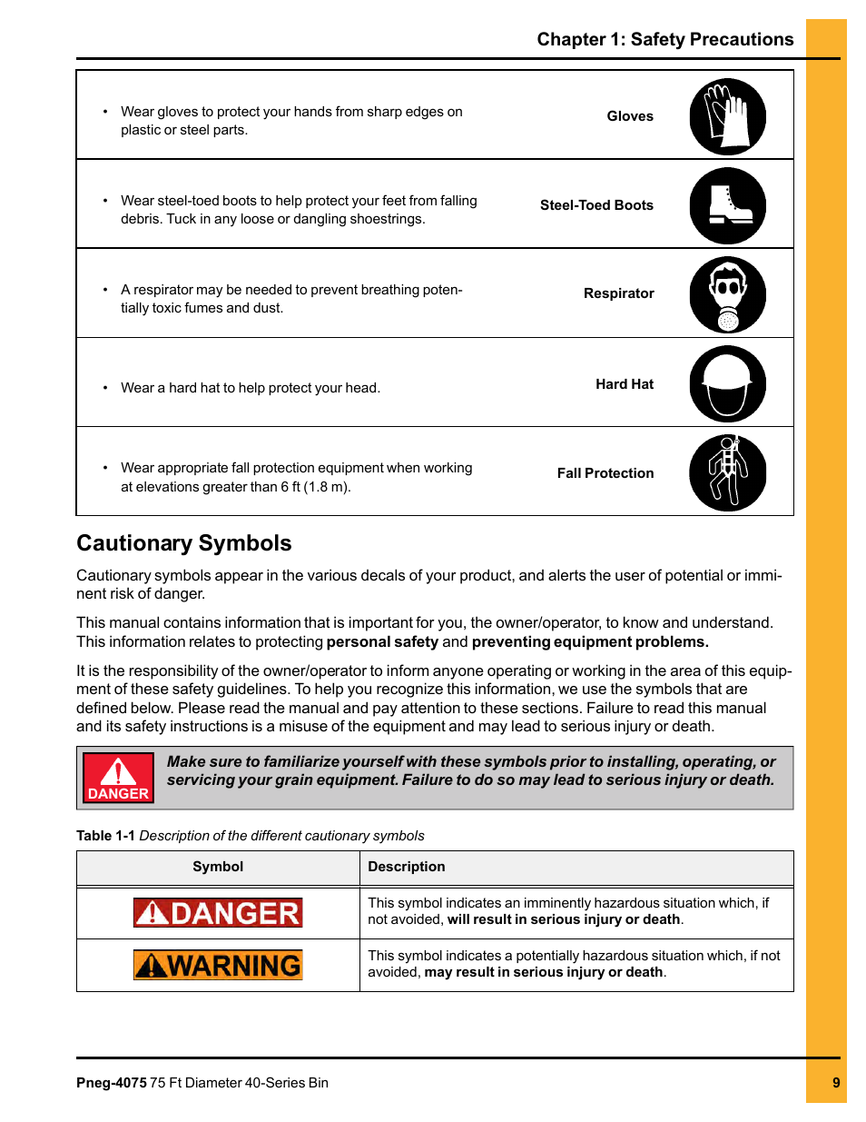 Cautionary symbols, Chapter 1: safety precautions | Grain Systems Tanks PNEG-4075 User Manual | Page 9 / 168