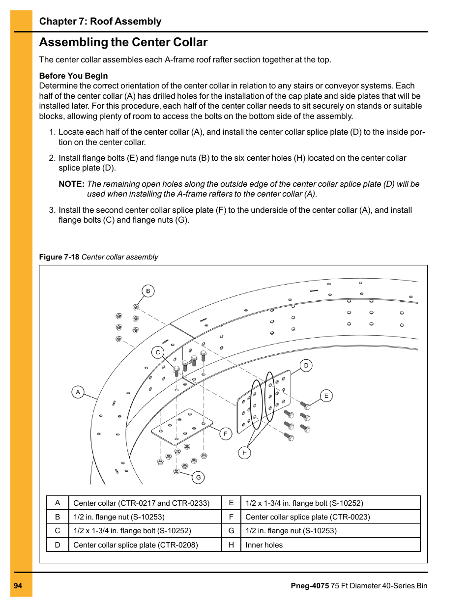 Assembling the center collar, Chapter 7: roof assembly | Grain Systems Tanks PNEG-4075 User Manual | Page 94 / 168