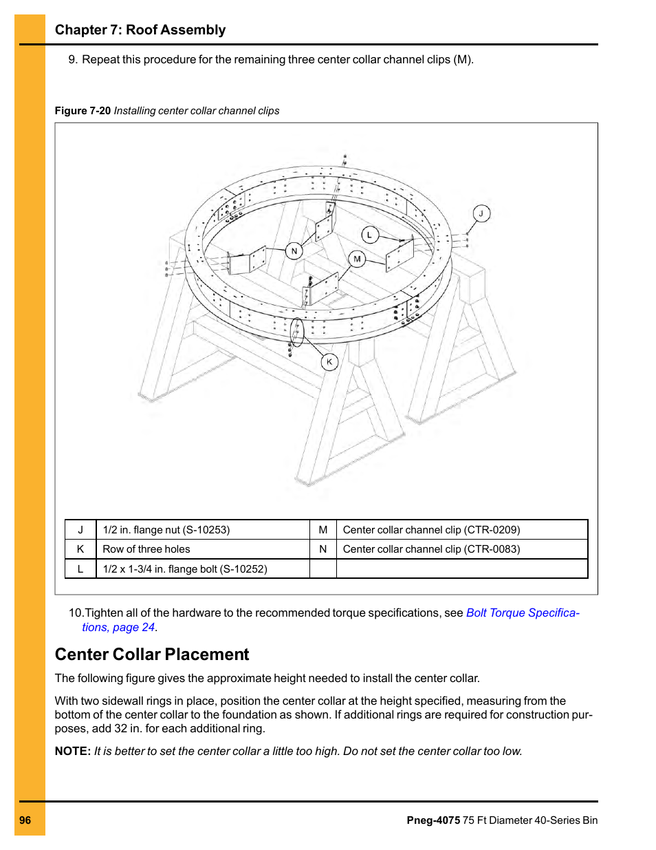 Center collar placement, Chapter 7: roof assembly | Grain Systems Tanks PNEG-4075 User Manual | Page 96 / 168