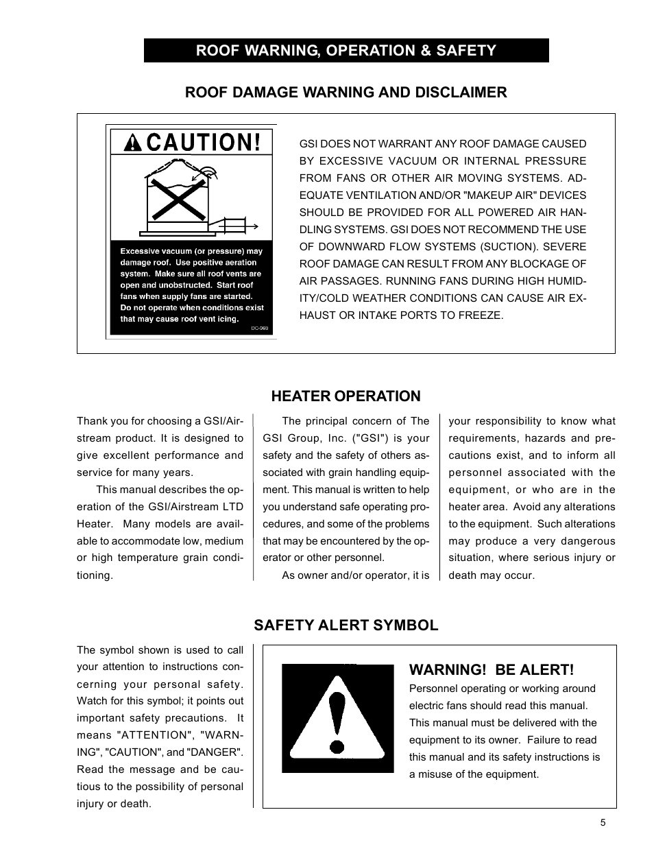 Safety alert symbol, Heater operation | Grain Systems PNEG-595 User Manual | Page 5 / 26
