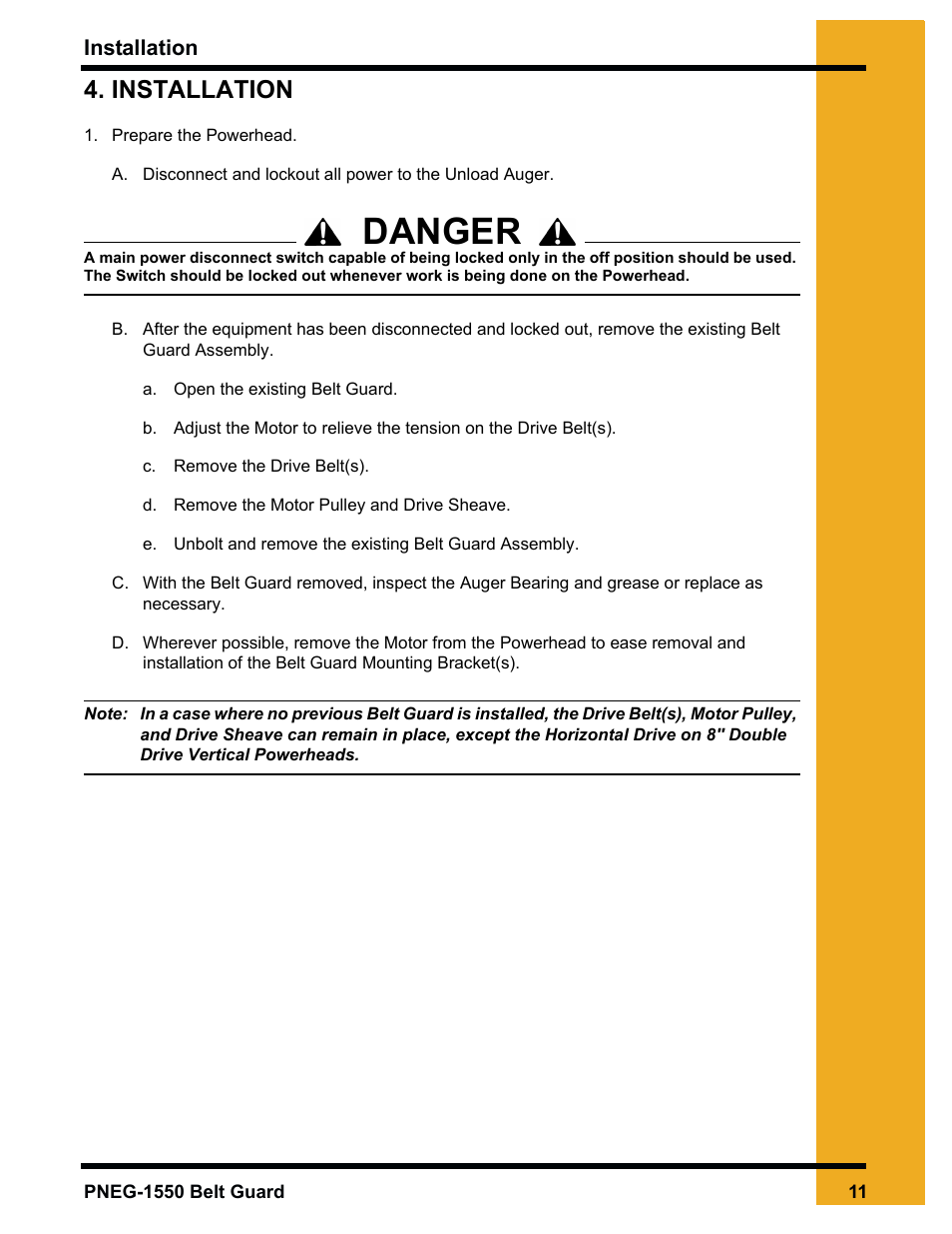 Danger, Installation | Grain Systems Unload Augers PNEG-1550 User Manual | Page 11 / 22