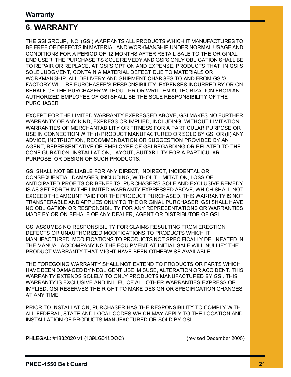 Warranty | Grain Systems Unload Augers PNEG-1550 User Manual | Page 21 / 22