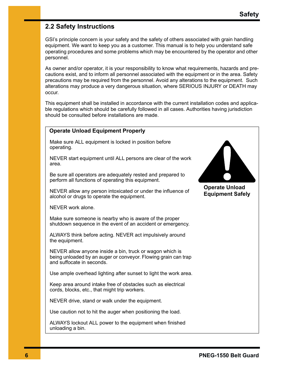 Safety 2.2 safety instructions | Grain Systems Unload Augers PNEG-1550 User Manual | Page 6 / 22
