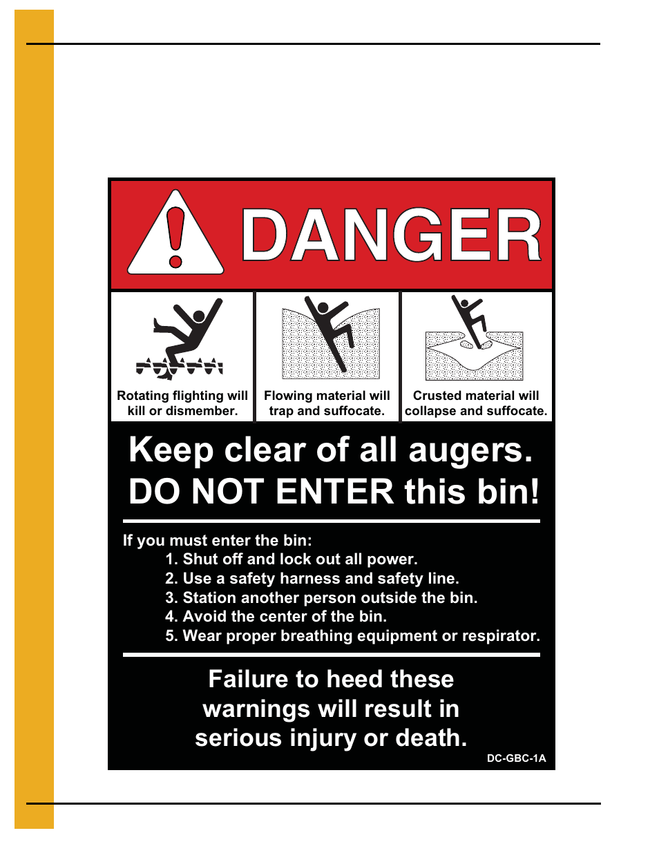 Keep clear of all augers. do not enter this bin | Grain Systems Bin Accessories PNEG-1336D User Manual | Page 12 / 34