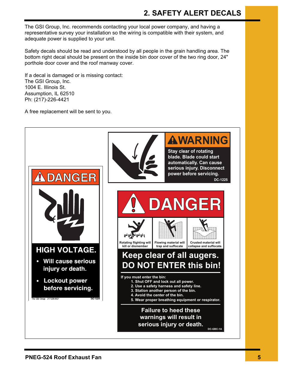 Safety alert decals, Chapter 2 safety alert decals, Warning | Keep clear of all augers. do not enter this bin | Grain Systems PNEG-524 User Manual | Page 5 / 24