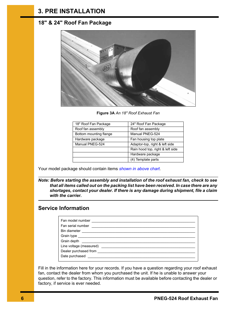 Pre installation, Chapter 3 pre installation, 18" & 24" roof fan package service information | 18" & 24" roof fan package, Service information | Grain Systems PNEG-524 User Manual | Page 6 / 24