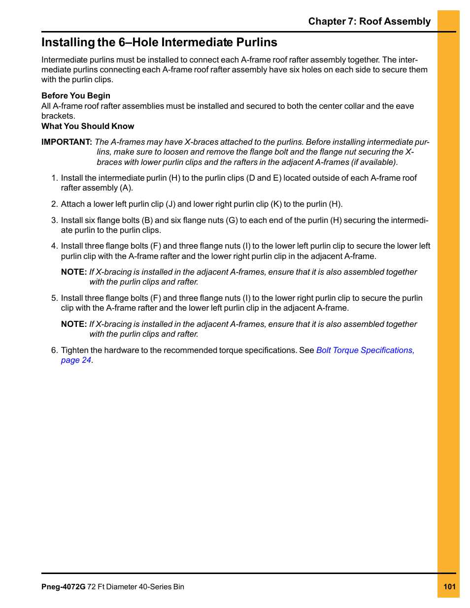 Installing the 6–hole intermediate purlins | Grain Systems Tanks PNEG-4072G User Manual | Page 101 / 162