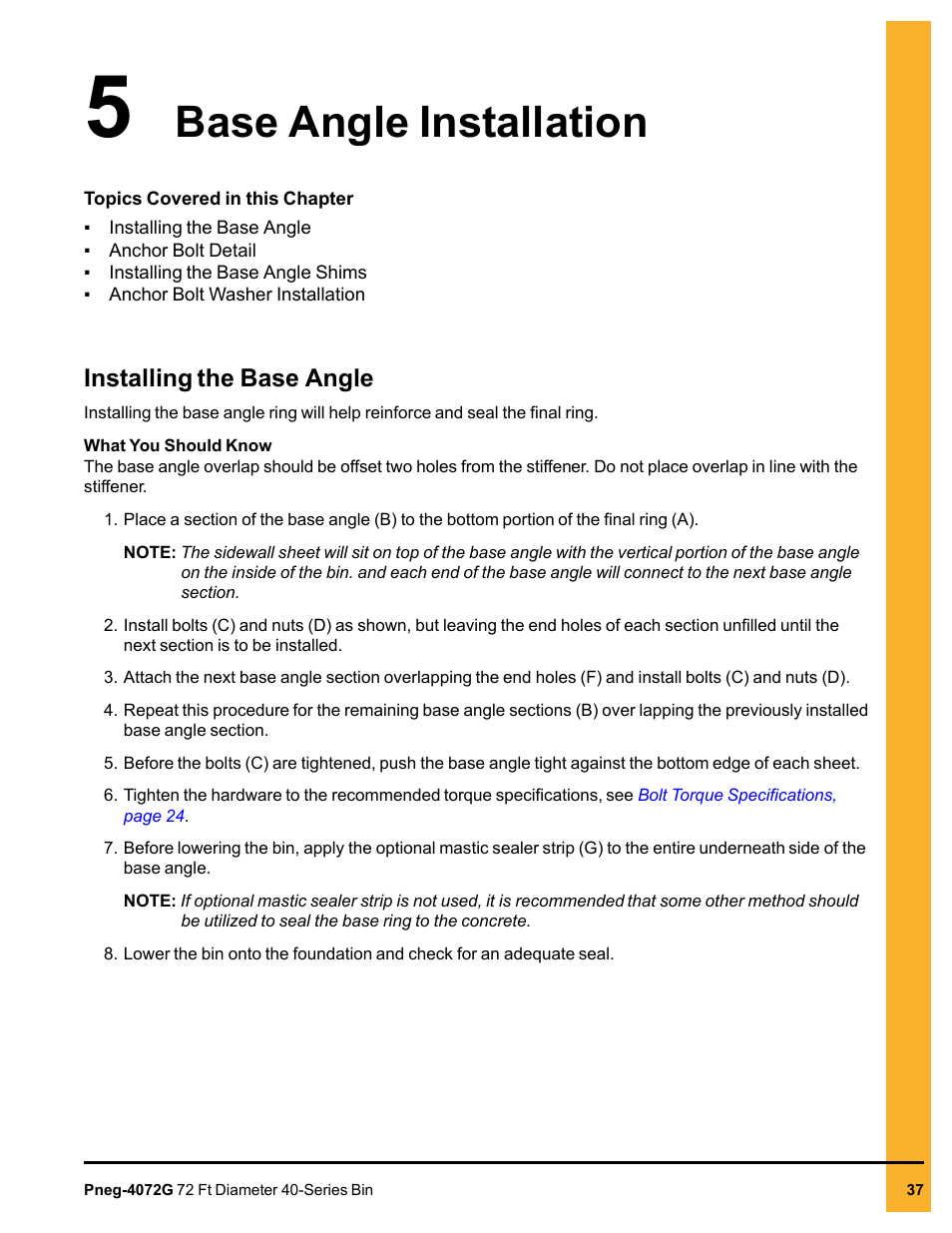 Chapter 5 base angle installation, Installing the base angle, Chapter 5 | Base angle installation installing the base angle, Base angle installation | Grain Systems Tanks PNEG-4072G User Manual | Page 37 / 162