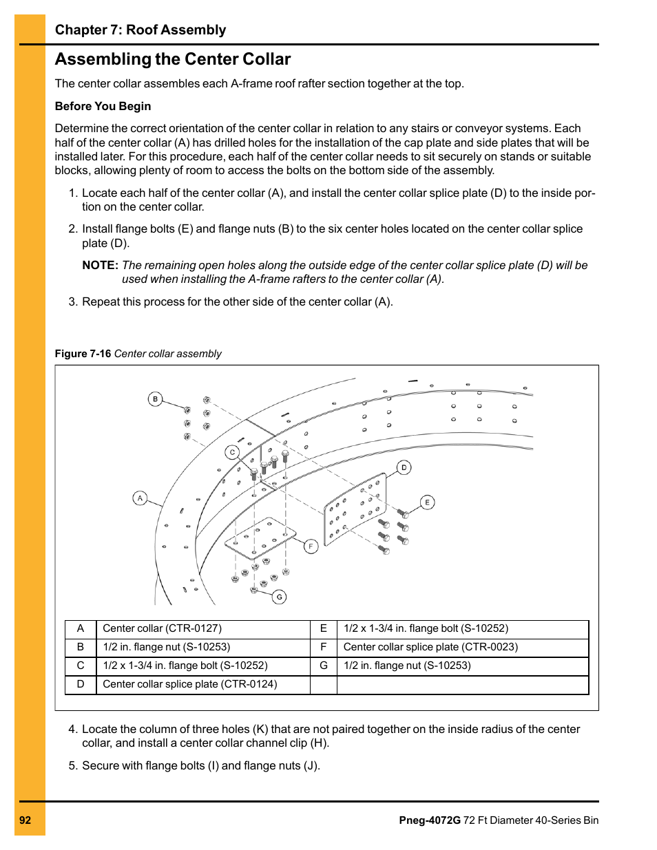 Assembling the center collar, Chapter 7: roof assembly | Grain Systems Tanks PNEG-4072G User Manual | Page 92 / 162
