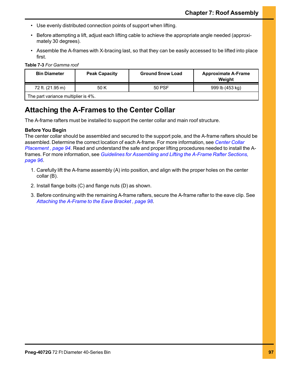Attaching the a-frames to the center collar, Chapter 7: roof assembly | Grain Systems Tanks PNEG-4072G User Manual | Page 97 / 162