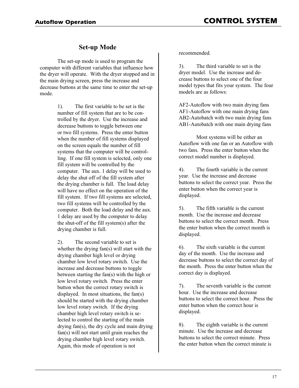 Control system, Set-up mode | Grain Systems PNEG-728 User Manual | Page 17 / 47