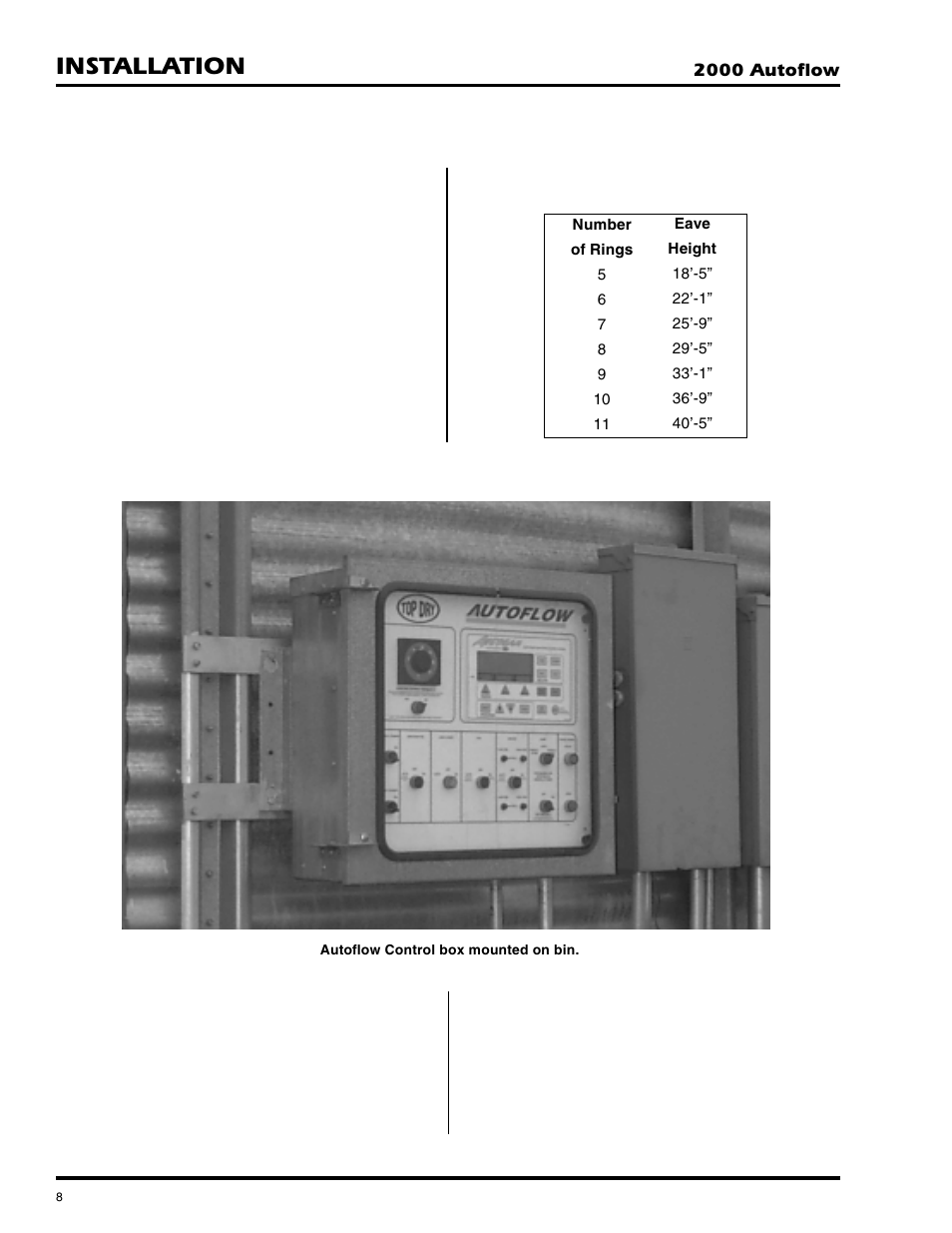 Installation, Fan and heater mounting, Top dry bin eave height | Autoflow control box mounting | Grain Systems PNEG-673 User Manual | Page 8 / 57