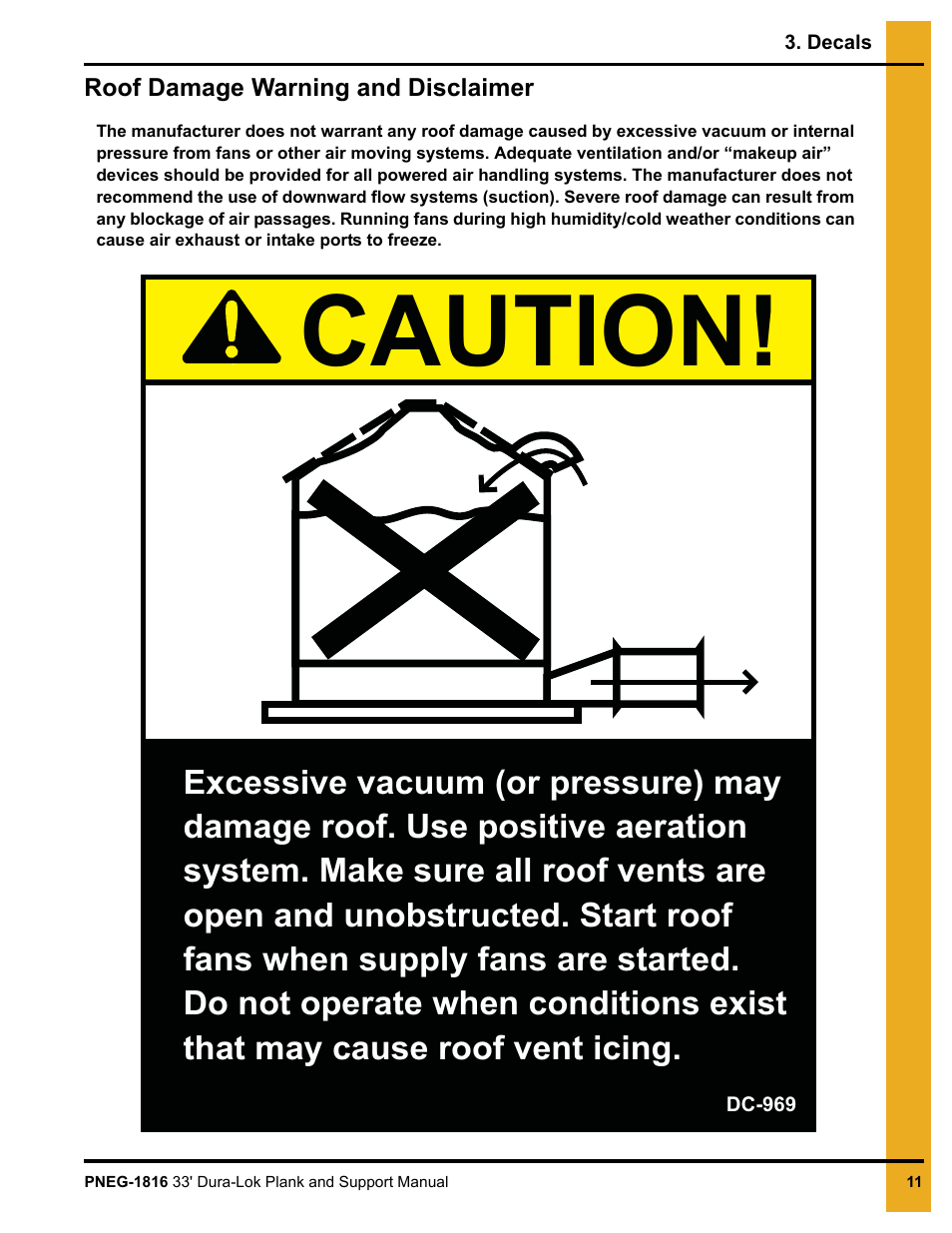 Decals, Chapter 3 decals, Roof damage warning and disclaimer | Caution | Grain Systems Bin Flooring PNEG-1816 User Manual | Page 11 / 42