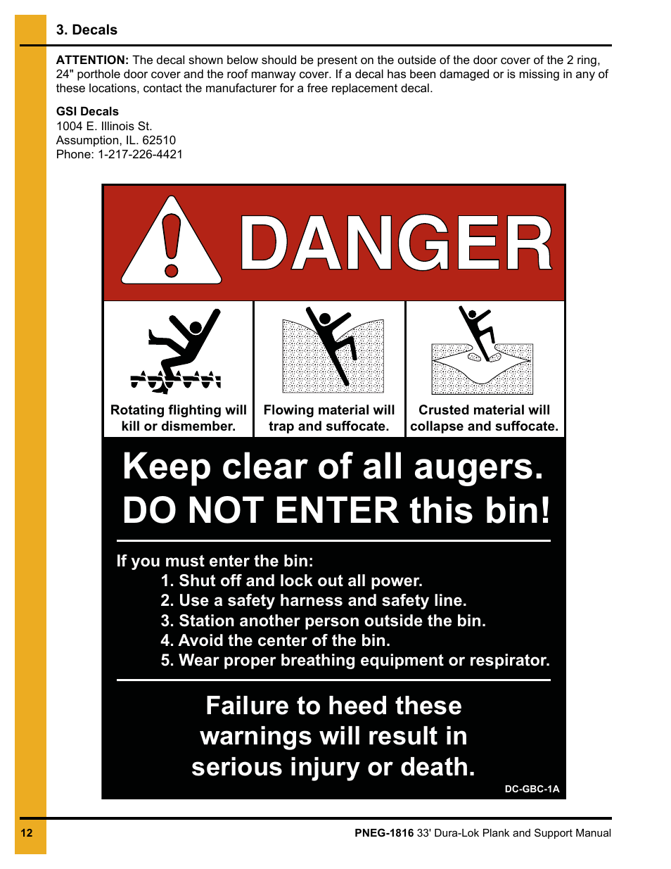 Keep clear of all augers. do not enter this bin | Grain Systems Bin Flooring PNEG-1816 User Manual | Page 12 / 42